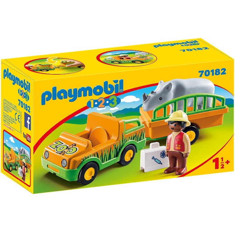 playmobil 70182 - 1.2.3 Vehículo del Zoo con Rinoceronte